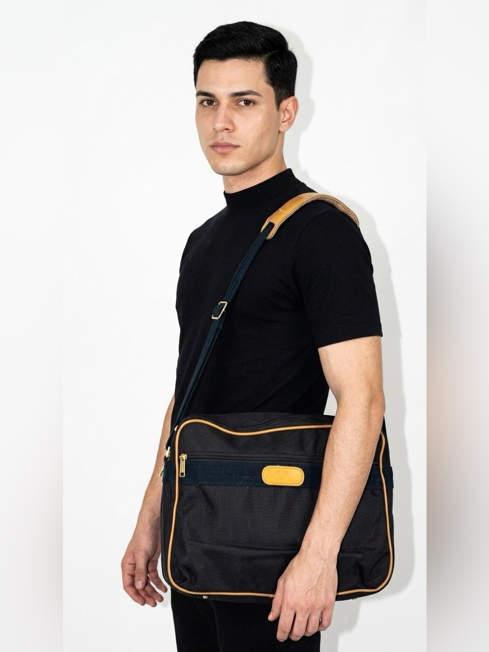 LONDON FOG Black Canvas Shoulder Bag With Tan Trim Men's
